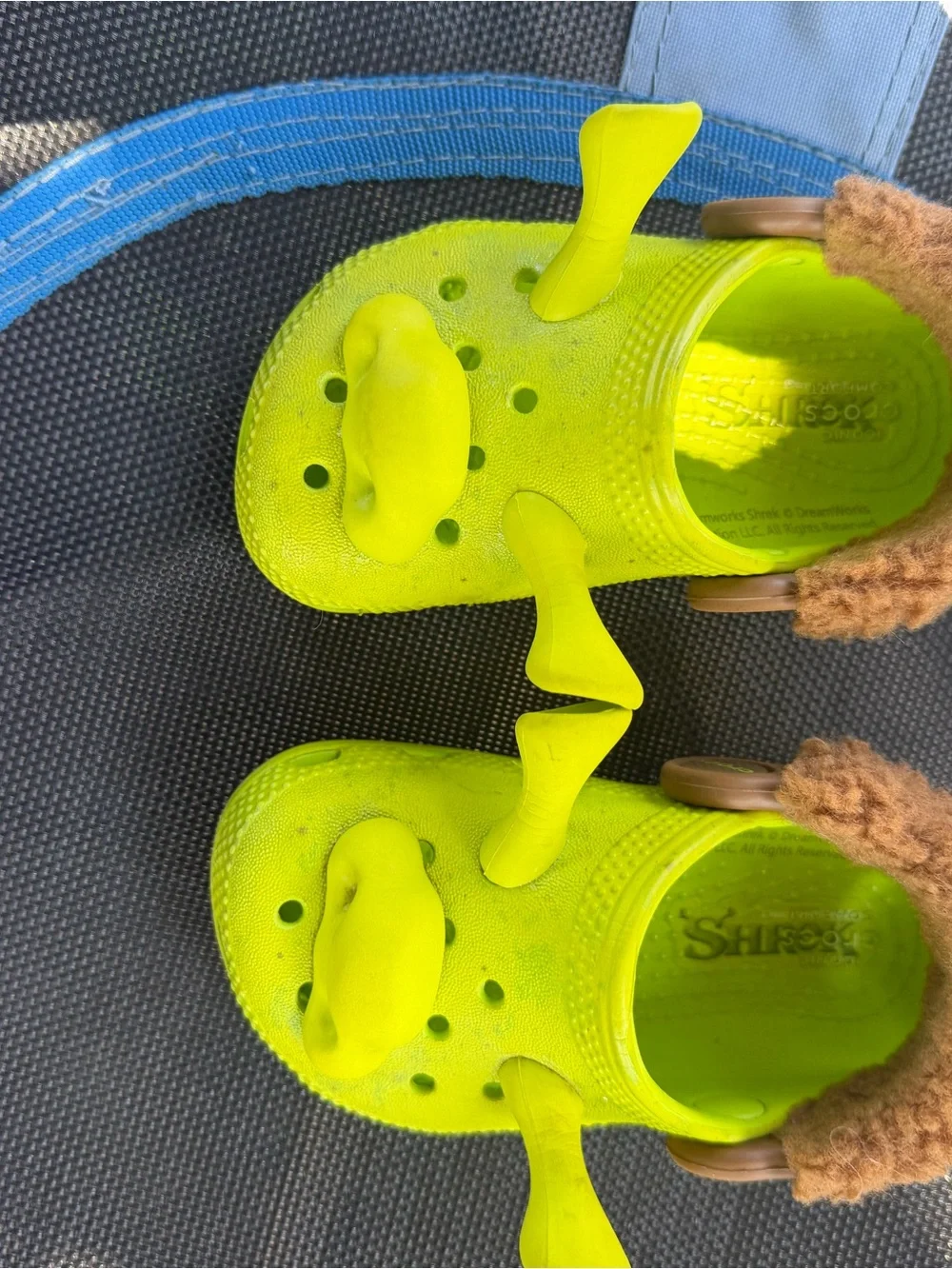 CROCS Kids Neon Lime Clog Sandals with Brown Faux Fur Trim